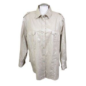 TanJay Womens Plus 20W Button Up Shirt Beige Shimmer Wet Look Pockets Epaulettes